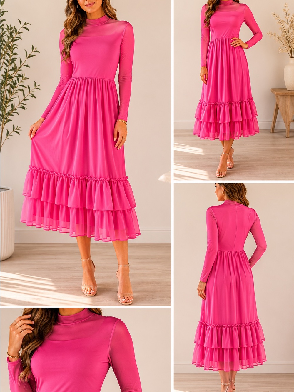 Na-kd Long-Sleeve Midi Dress Size S Pink Ruffles Stretchy Party Cocktail Mesh